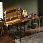 NEW Computer LED Gaming Rustic Brown Desk & Power Outlets USB Storage Shelves
