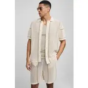 Mens Ecru Regular Fit Open Stitch Stripe Button Through Knitted Shirt Set