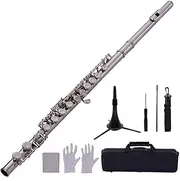 16-Hole Flute C Key Cupronickel Silver Plated Wind Instrument with Flute Stand Cleaning Cloth Gloves Scre River Padded Carry Case Silver One Size