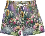 [RPLIFE] Swimming Shorts for Boys, Anti-Chafe Swim Trunks Boys 2 T, Lavenders Sunflowers Roses Peony