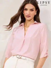 Lipsy Pink V-Neck 3/4 Sleeve Collared Blouse (AP8318) | $74
