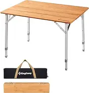 KingCamp Bamboo Folding Table Environmental Camping Table with Adjustable Height Aluminum Legs Heavy Duty 4-Folds Portable Camp Tables for Travel, Picnic, Party, Beach, 1-2 People