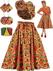 [ROLVNHTV] 5 Pcs Womens African Attire Set African Printed Skirt Head Wrap Turban Bracelets Earrings Dress Traditional Costume