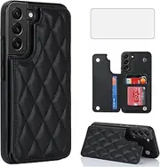 Asuwish Phone Case for Samsung Galaxy S22 Plus 5G with Tempered Glass Screen Protector, Leather RFID Credit Card Holder Stand, Kickstand, Black