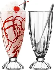 binsakao Milkshake Glasses Cups - Iced Coffee Cup with Spoons - Sundae Cups for Ice Cream, Root Beer Float, Boba, Soda, Iced Latte (11.5 Ounce, 2 Pack)