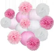 15Pcs Party Pack Paper Lanterns and Pom Pom Balls Hanging Decoration for Wedding