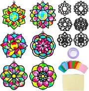 Qyeahkj 36 Set Mandala Tissue Paper Crafts DIY Mandala Window Suncatcher Craft Kit Hanging Decor Ornament for Summer School Home Activity Art Project Birthday Party Favors Gifts