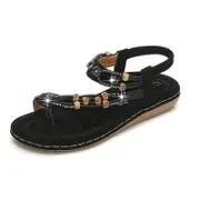 Nevenka Bohemian Beaded Sandals for Women Summer Clip Toe T-Strap Flats-Black