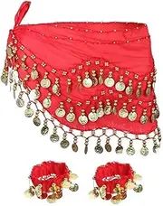 [BNOYONERAS] Women's Belly Dance Belt Belly Dance Hip Scarf Chiffon Hip Scarf Belly Dance Hip Scarf Women's Belly Dance Coin Scarf with Bracelets Belly Dance Coin Belt Belly Dance Costume Hip Scarf with 72 Coins