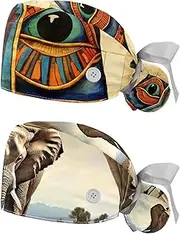 [YTYVAGT] 2-Pc,Nurse Scrub Caps,Scrub Hats with Buttons and Cotton Sweatband,Ancient Egypt Ethnic Retro