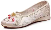 GHAKKE Women's Chinese Style Traditional Cheongsam Hanfu Shoes Retro Flowers Embroidered Flat Shoes Casual Pointed Toe Slip-on Shoes Stage Performance Oriental Shoes(Beige,6.5)