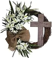 WeiLaiKeQi Round Easter Cross Wreath Decoration Wall Hanging Garland Rustic Front Door Wreath for Farmhouse Spring Summer Party Festival Indoor Outdoor, 40cm No Ribbon