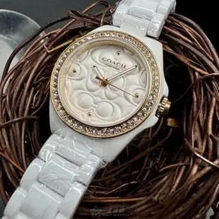 COACH 蔻馳女錶 26mm 白圓形陶瓷錶殼 白色中三針顯示, 浮雕錶面款 CH00193