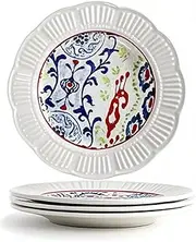 Dinner Plates Set of 4, Ceramic Plates Set with Painted Floral,Flower Shape Porcelain Plate,Microwave Dishwasher Safe,For Home Kitchen and Western Restaurant,Steak Salad Plate,9 Inch,White and Colors