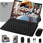 Dghrti Tablet 10 Inch Android 14, 22GB RAM + 128GB ROM (1TB TF), Octa-Core CPU, 8000mAh, Widevine L1, Dual WiFi, BT 5.0, Face ID, 5MP+8MP, with Metal Housing, Keyboard and Mouse Grey