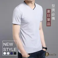 在飛比找momo購物網優惠-【Boni’s】純棉配色V領口透氣舒適T恤 L-3XL(白色