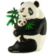 GOLD PLATED WHITE BLACK DOUBLE PANDA ANIMAL WITH BABY AND BAMBOO PIN BROOCH