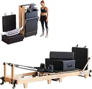 Pilates Reformer Machine, Wood Foldable Pilates Machine & Equipment with Reformer Box, Jump Board for Home Studio Gym