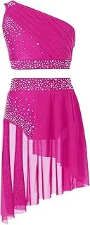 [Yruioon] Kids Girls 2Piece Lyrical Dance Costume Sparkly Ballet Dance Dress Outfits Crop Top Mesh Skirt Leotard Dancewear
