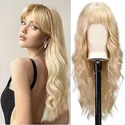 QAUARUMSUN Long Blonde Wig With Bangs 26 Inch Long Curly Wavy Wigs for Women Synthetic Blonde Hair Wigs Natural Looking Daily Cosplay Party Halloween（Wavy）