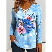 Women's T Shirt Graphic Animal Sea Turtle Vintage Stylish Classic Long Sleeve V Neck Regular Tops Daily Cut Out Print Red Blue Fuchsia Green Spring Fall