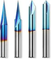 Genmitsu CNC Wood Carving Router Bits Set, 1/4'' Shank, 4 PCS, 15° Detail Carving Liner+ 20° Profile bit+ 60° & 90° V Groove, WC04A