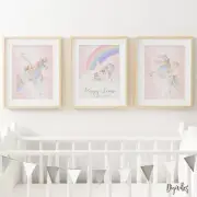 Baby, Girl Nursery Wall Art Prints Unicorns, Personalised, Floral, set of 3