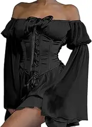 [FDKLOOK] Womens Two Piece Outfit Corset Dress Off Shoulder Bell Sleeve Irregular Fancy Mini Bustier Dress Set, 01-black Set, S