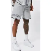 Mens Ice Grey Relaxed Fit Elastic Waist Varsity Denim Shorts