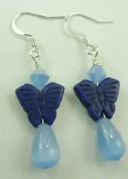 Royal Blue Howlite Butterfly Earrings with Briolette & Crystal Handmade Jewelry