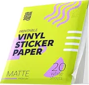 Premium Printable Vinyl Sticker Paper for Inkjet Printer and Laser - 20 White Matte Sticker Paper Waterproof - Durability Adhesive Paper 8.5 x 11, Fast Dry, Holds Ink Well, Great for Cutting Machines