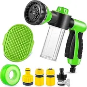 Dog Wash Attachment - 8 Spray Pattern Nozzle With Bathing Brush and 3.5oz/100cc Soap Dispenser Bottle - 3/4 In Standard Garden Hose for Pet Showering, Car Washing, Watering