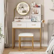 Lumoti Vanity Desk with Round Mirror & Lights, Makeup Dressing Table Set with Charging Station and Hairdryer Rack, 3 Lighting Modes Small Vanity Table with Stool (White)