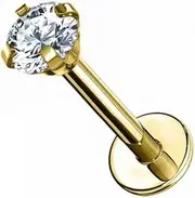 [TWILIGHT LONDON] 3mm Gold Solitaire Crystal Labret Earring in Implant Grade Titanium, 16 Gauge Internally Threaded Labret Design, Designed for Comfort, Perfect for the Helix, Tragus or Flat, One Size,