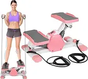 Fitness Stepper Mini Stepper Stair Stepper with Resistance Bands Quiet Workout Stepper with Digital Timer Max 330.7LBS Load for Home Cardio Fitness Full Body Workout/Pink