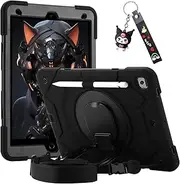 for iPad 9th/8th/7th Generation Case 10.2" (Case for iPad 9/8/ 7 Gen)，Shockproof Kids Cover with Rotating Stand/Pencil Holder/Shoulder Strap for iPad 10.2 Case 2021/2020/2019 Girls (Black)