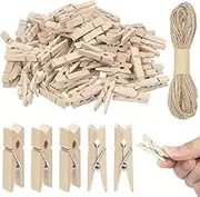Swpeet 101Pcs 1" Natural Color Mini Natural Wooden Clothes Pins Paper Peg Clips Kit Including 100Pcs Strong Springs Clothespins 1Pc 32 Feet Jute Twine for Classroom Photos Crafts Decorative Tiny Cards