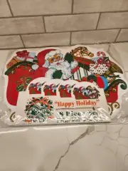 NOS Maytex Vintage Set 4 Vinyl Christmas Placemats Coasters Happy Holiday Santa