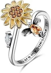 Sterling Silver Fidget Anxiety Ring for Women Teens Adjustable Open Fidget Rings for Anxiety Fidget Relieving Stress Sunflower Moon Star Stackable Rings Jewelry for Women Girl