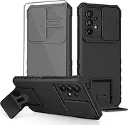 [Asuwish] Phone Case for Samsung Galaxy A23 5G/4G with Tempered Glass Screen Protector and Slide Camera Cover Kickstand Stand Slim Protective Mobile Hard Cell Accessories A 23 23A 6.6 Women Men Black