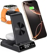 Wireless Charger Stand for iPhone, 3 in 1 Charging Station for Apple Watch Ultra 2/Ultra/10/9/8/7/6/5, Charger Dock with Clock for iPhone 16 15 14 13 12 11 X Pro Max, AirPods 4/3/Pro(No Adapter)