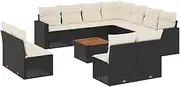 vidaxl Garden Patio Sofa Modular 12 Piece with Cushions - Acacia Wood Table & Black Poly Rattan Furniture Set, Customize Your Outdoor Lounge/Terrace