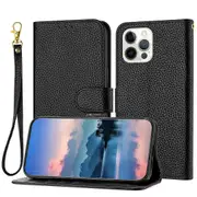 For iphone 12 pro Case, Litchi Grain PU Leather Folio Cover Magnetic Closure Flip Wallet Card Slots Stand Case With Hand Strap,Brown - Black