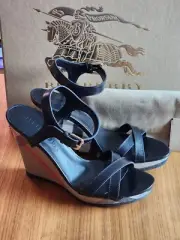 New 100% Auth Burberry Women Platform Wedge Black Leather Sandals US 7 EU 37