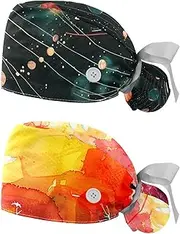 [YTYVAGT] 2-Pc,Nurse Scrub Caps,Scrub Hats with Buttons and Cotton Sweatband,Universe Planet Galaxy Solar System