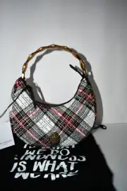 Kurt Geiger London Small Octavia Plaid Fabric Rhinestone Moonbag NWT
