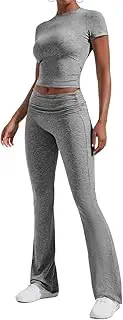 [GTETKDE] Women's 2 Piece Lounge Sets Casual Y2K Outfits Short Sleeve Crop Top Fold-over Flare Pants Set Tracksuits