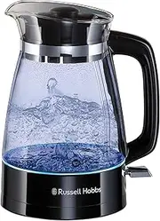 Russell Hobbs Kettle Glass [1.7 L, 2400 W, Optimised Design Spout Made of Glass, LED Lighting] Classic Design (Quick Boil Function, Removable Lid, Limescale Filter, Stainless Steel Base) 26080-70