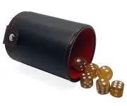 6 Yellow Glitter Dice Rounded Corners +PU Leather Red Felt Lined Cup Compartment