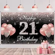 HTDZZI 21st Birthday Decorations for Her Rose Gold, Happy 21st Birthday Backdrop Banner, 21 Year Old Birthday Party Photo Booth Props Yard Sign Background Decor Supplies for Women, Fabric